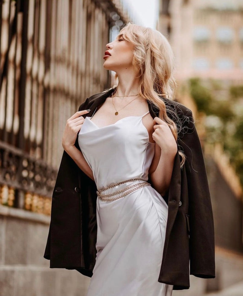 REINA White Satin Slip Midi Dress