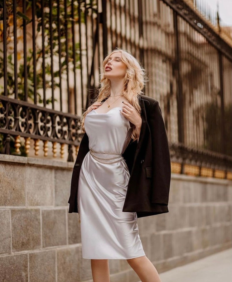 REINA White Satin Slip Midi Dress