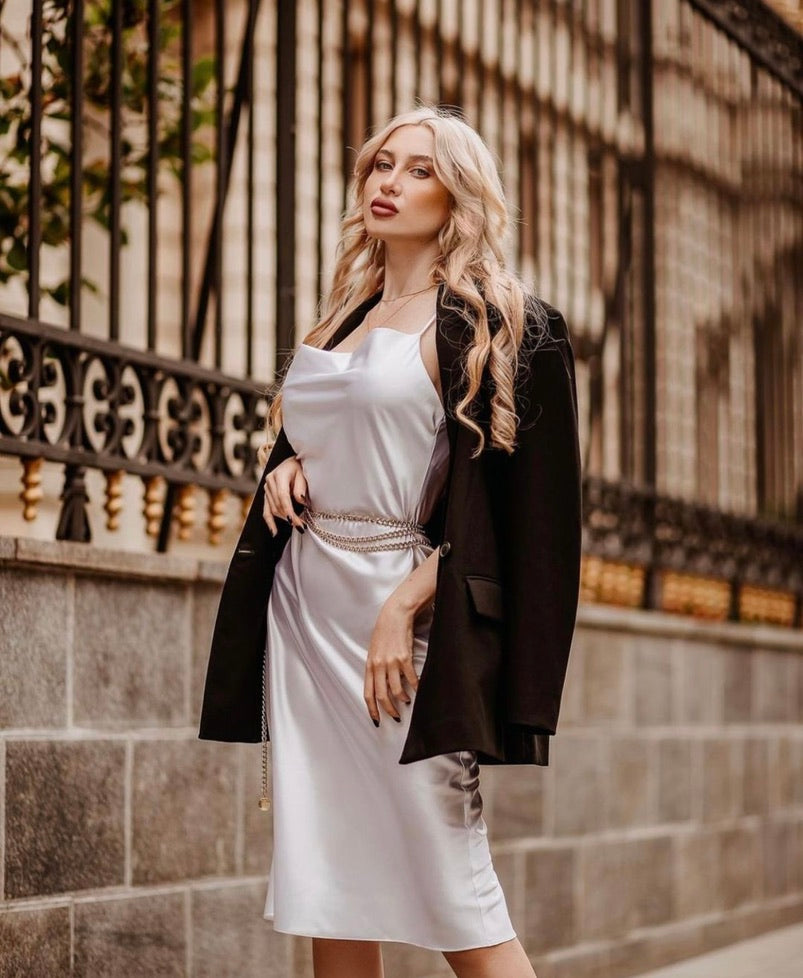 REINA White Satin Slip Midi Dress