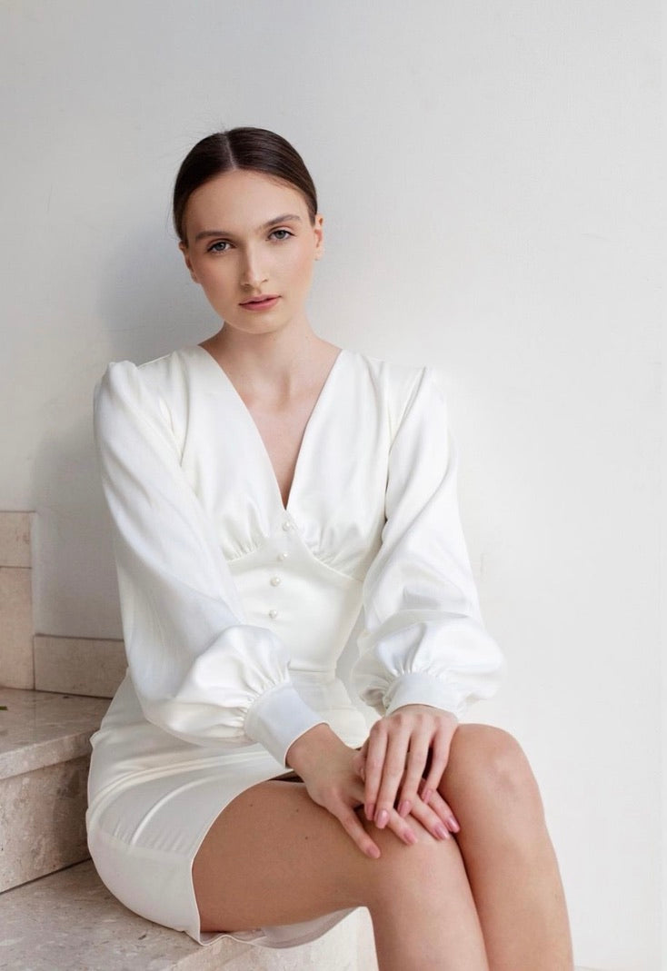 AALIYAH Full Sleeve Ivory Dress with Pearl Detail