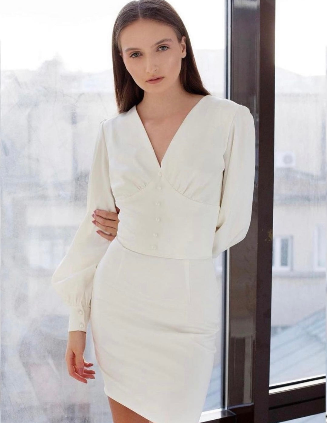 AALIYAH Full Sleeve Ivory Dress with Pearl Detail